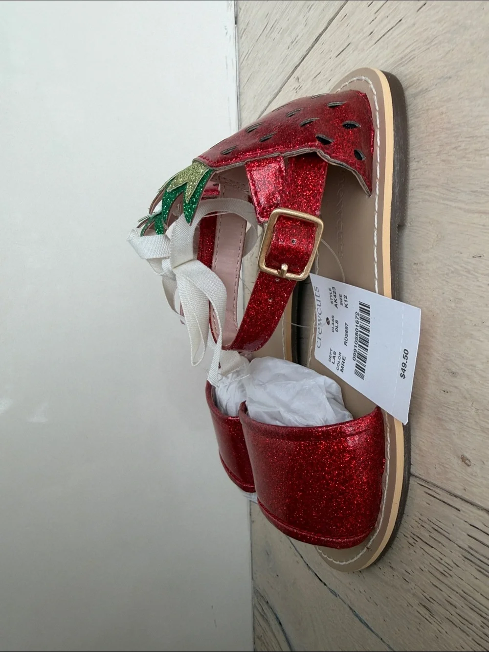 Crewcuts Red Glitter Strawberry Strap Sandals with Green Accent